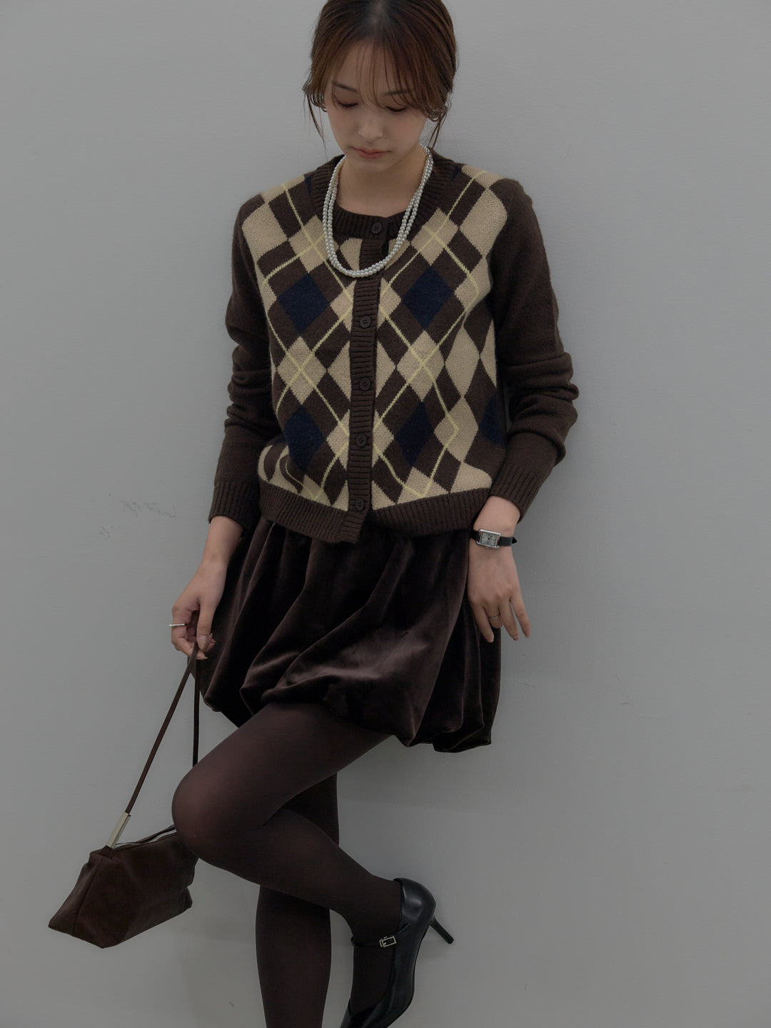 アーガイル柄コンパクトニットカーディガン