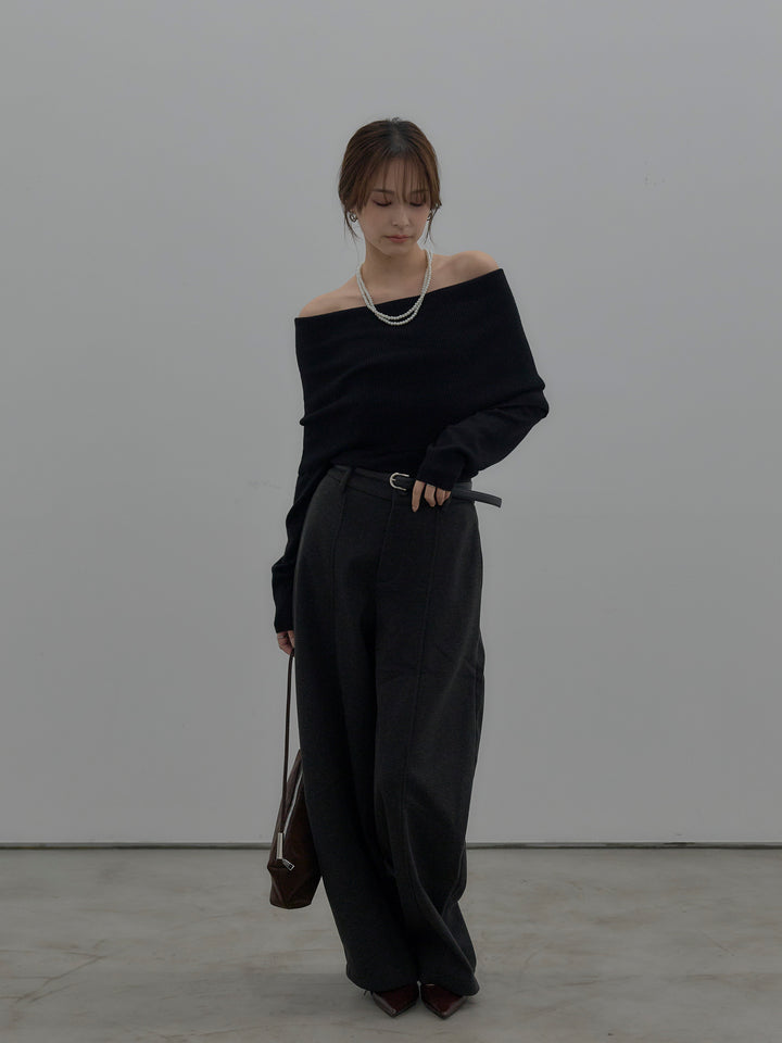 【SET】【premium touch】ソフトリブオフショルニットトップス+カーブデザインスウェットライクパンツ(2set)