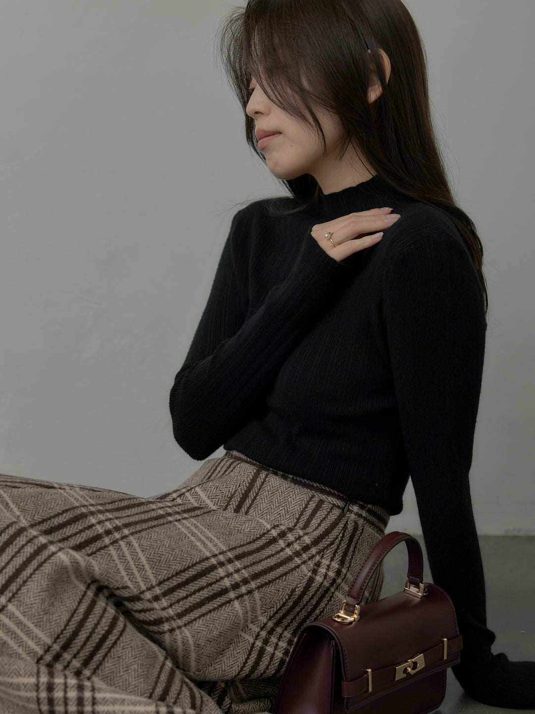 【SET】リブニットタートルネック+【Essential】クラシカルチェックウールタッチスカート(2set)