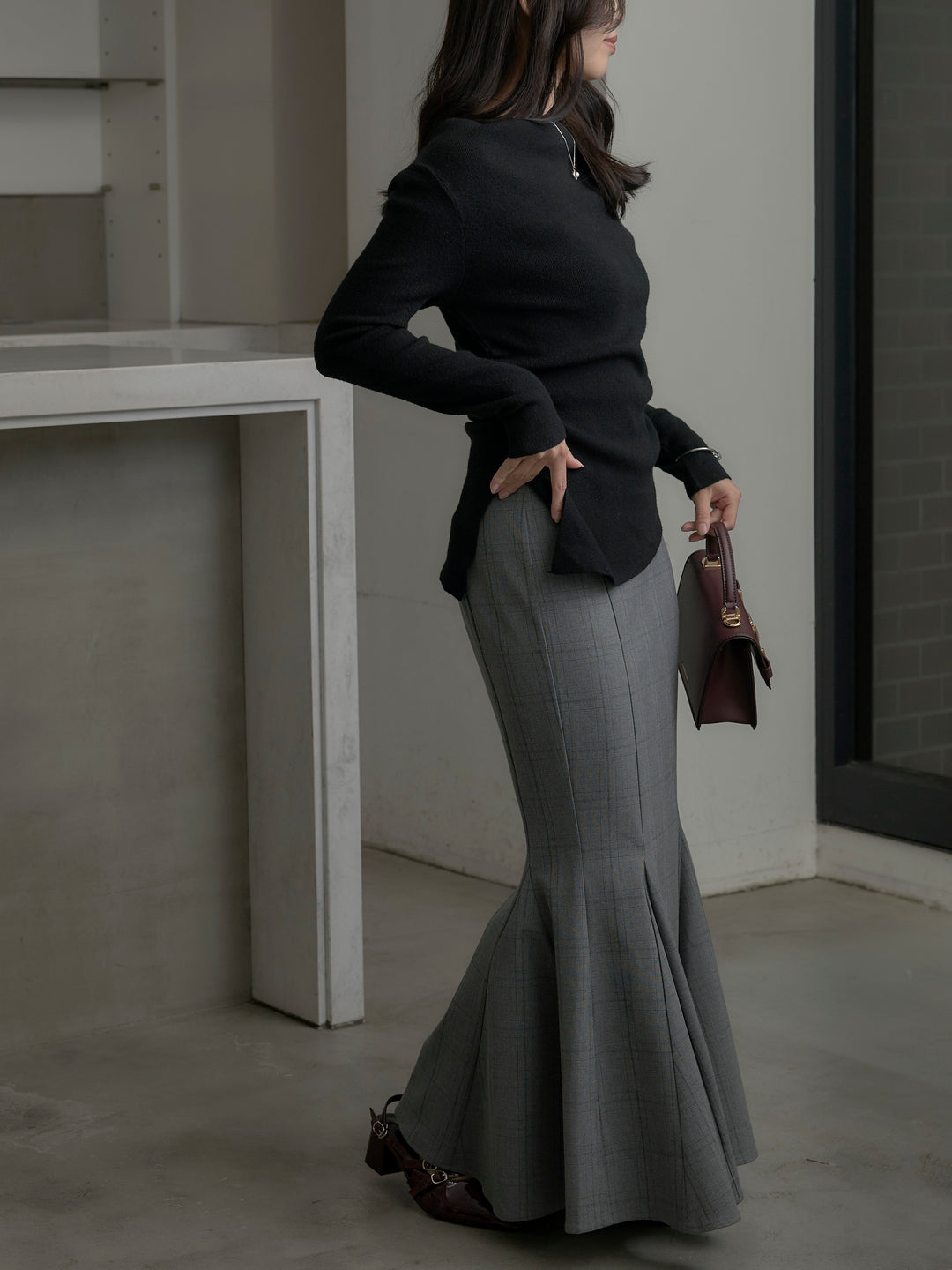 【SET】サイドスリットボートネックニットトップス+【Essential】チェック柄マーメイドスカート(2set)