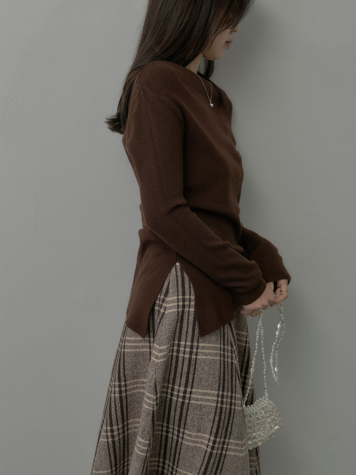 【SET】サイドスリットボートネックニットトップス+【Essential】クラシカルチェックウールタッチスカート(2set)
