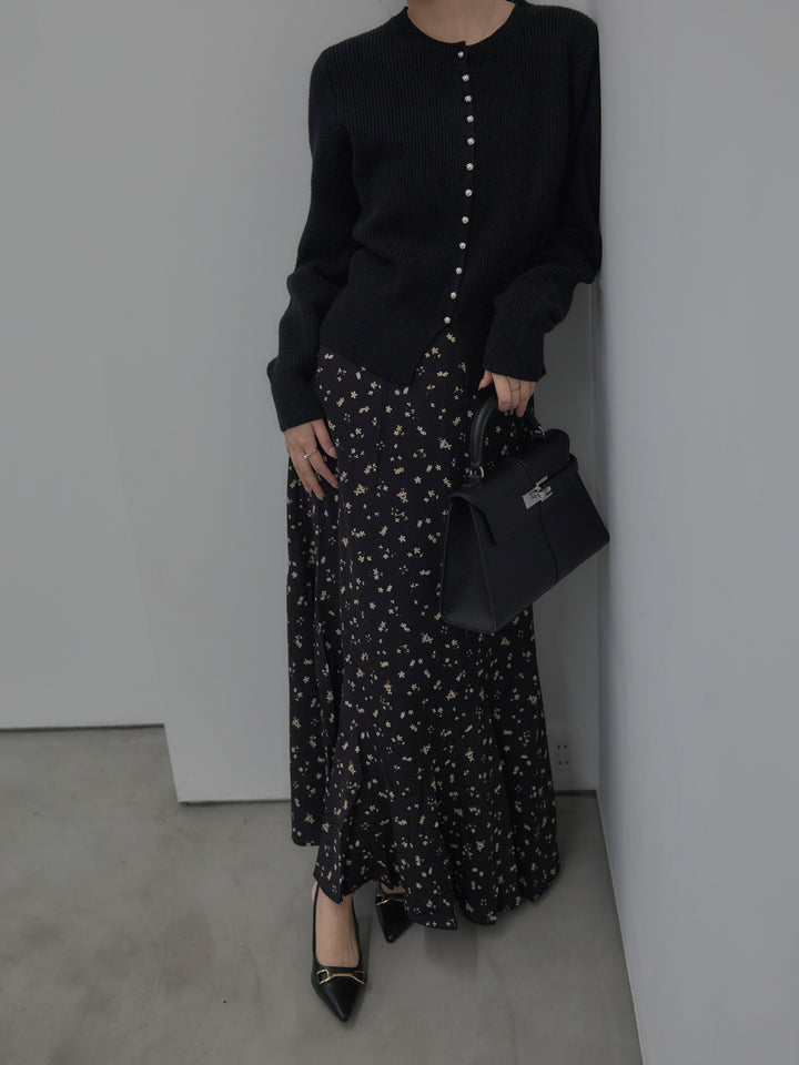 【SET】メタルボタンリブニットカーディガン+フラワーパターンマーメイドフレアスカート(2set)