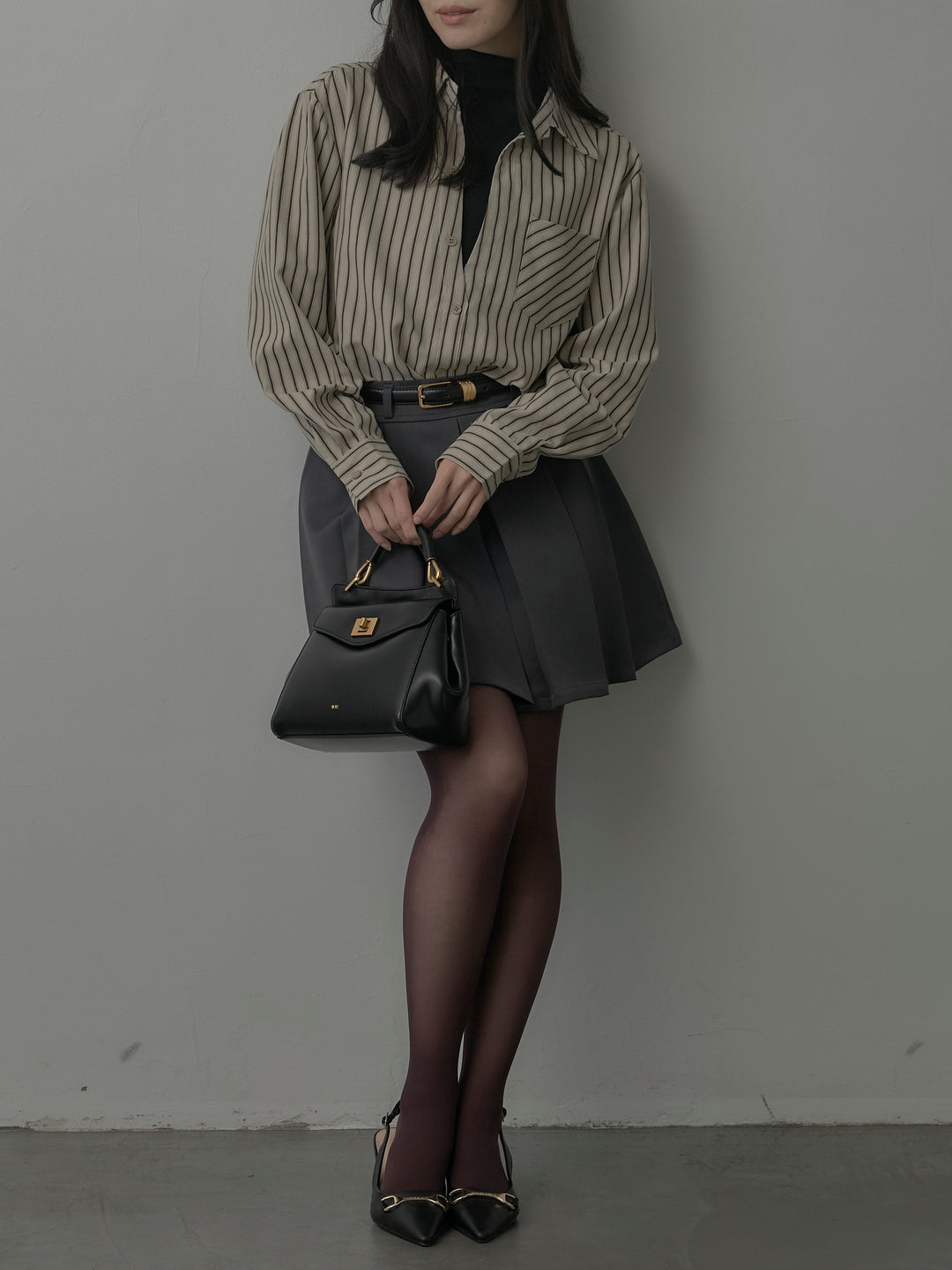 スエードタッチドッキングデザインストライプシャツ