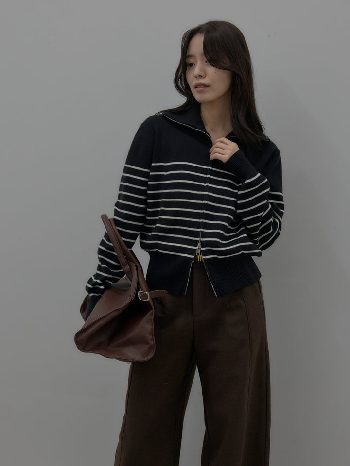 【SET】ダブルZIPハイネックボーダーニットトップス+裏起毛デザインワイドパンツ(2set)