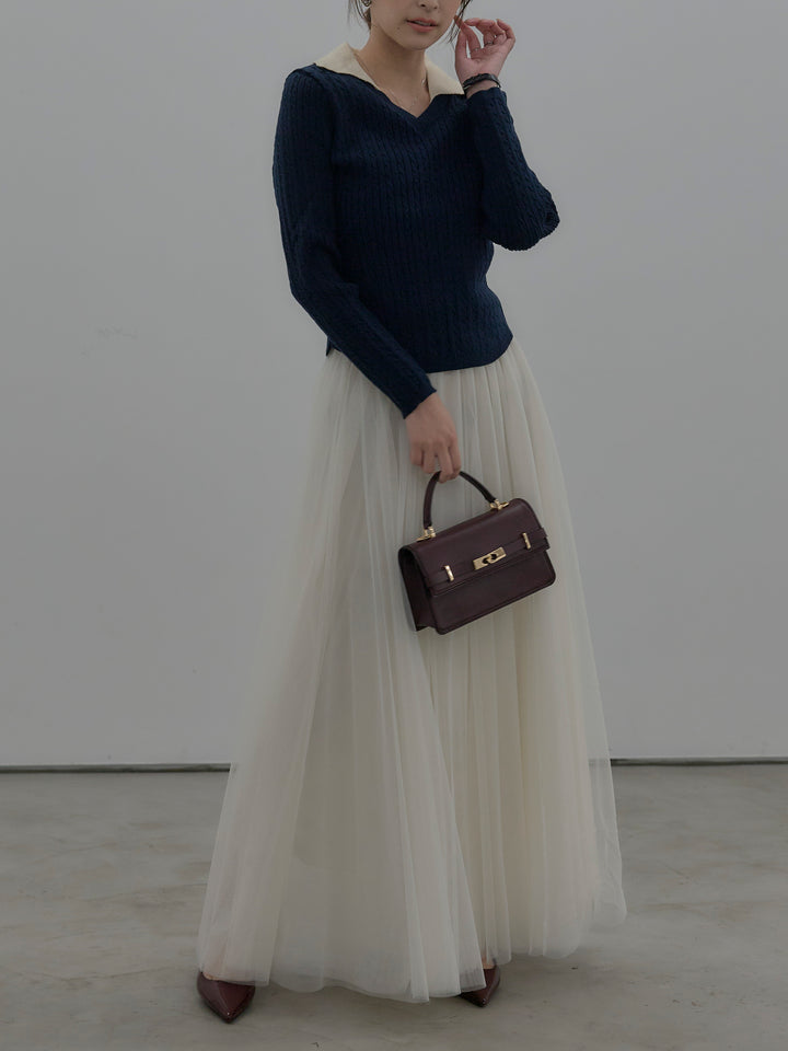 【SET】配色Vネックケーブルニットトップス+ボリュームチュールスカート(2set)