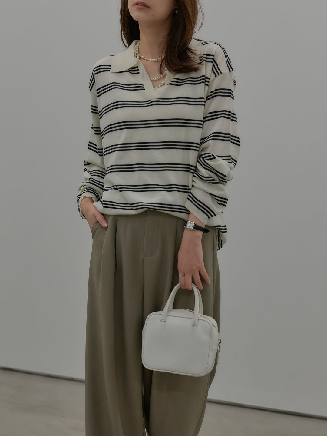 ボーダーポロ襟ニットプルオーバー