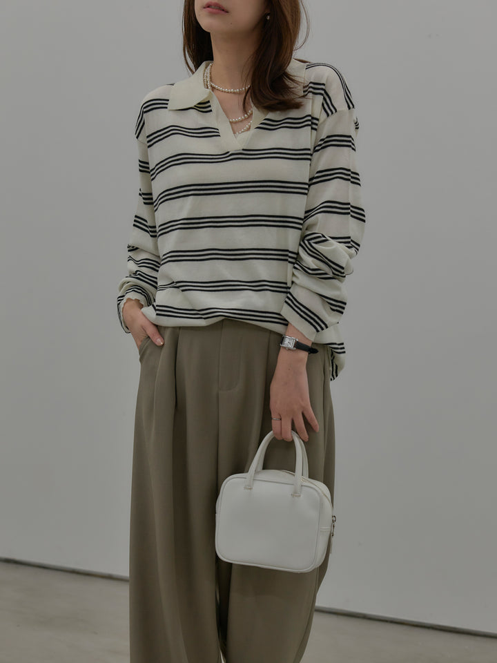 ボーダーポロ襟ニットプルオーバー