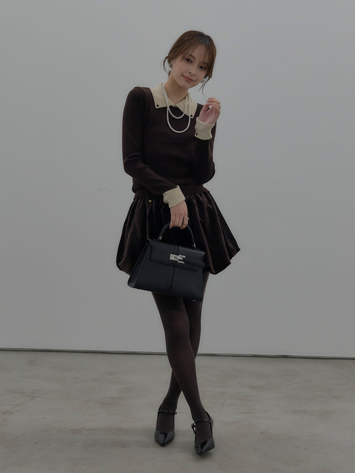 【SET】配色カフスニットポロ+ベロアバルーンミニスカート(インパン付き)(2set)