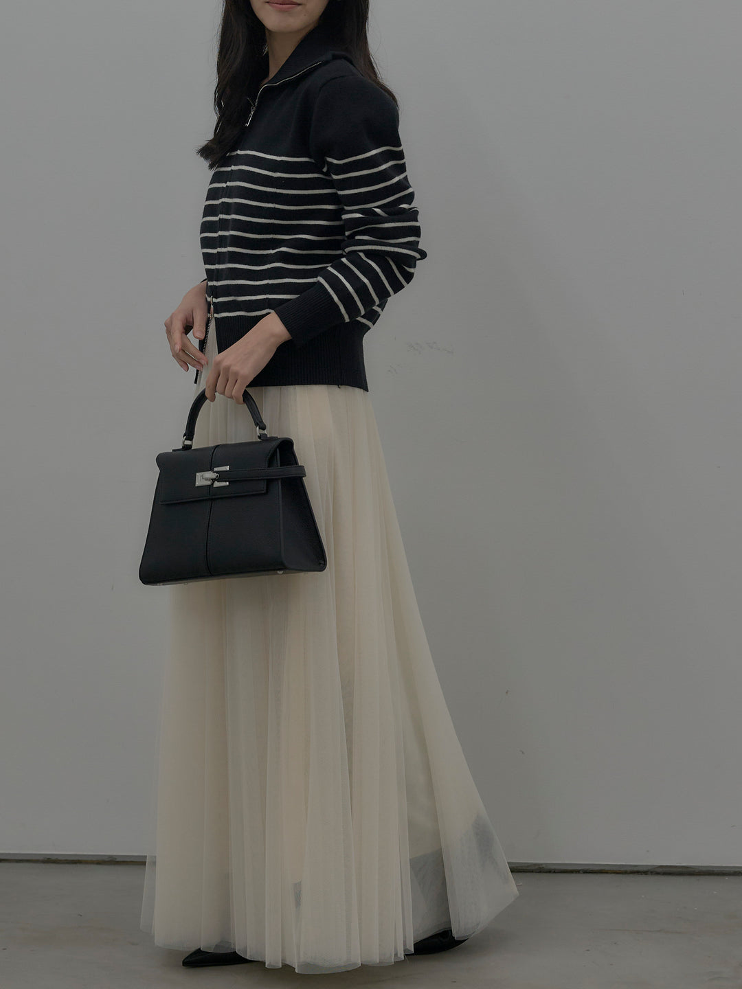 【SET】ダブルZIPハイネックボーダーニットトップス+ボリュームチュールスカート(2set)