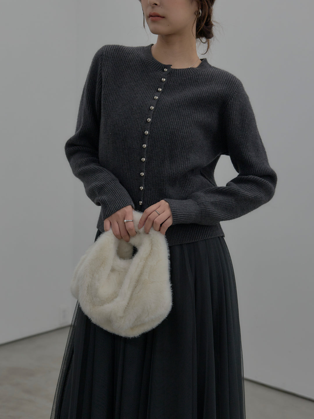 【SET】メタルボタンリブニットカーディガン+ボリュームチュールスカート(2set)