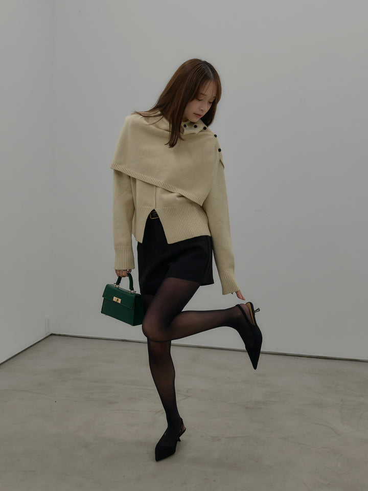 【SET】ケープ付き2WAYフロントスリットニットトップス+ウールタッチミニショートパンツ(2set)