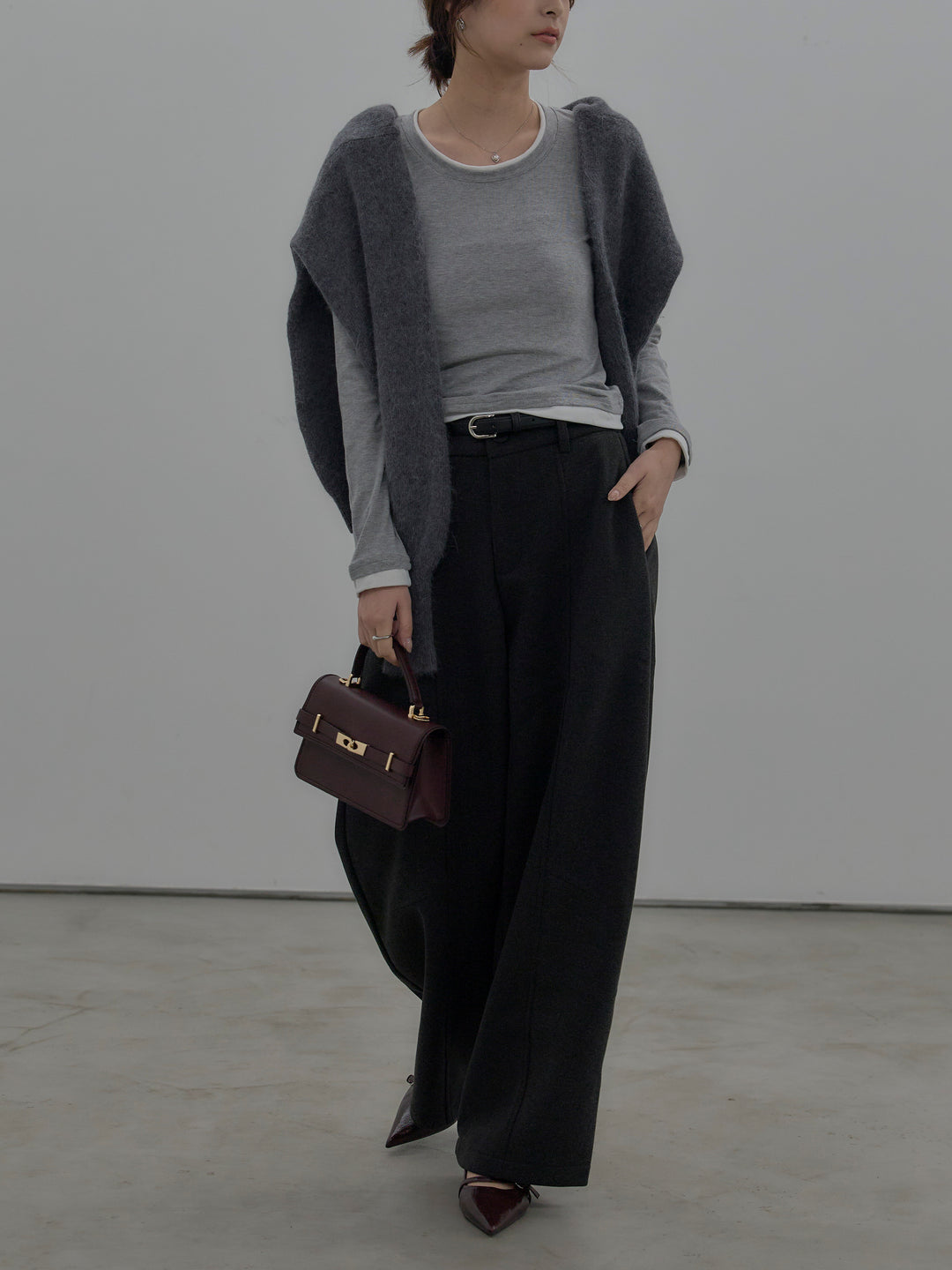 【SET】バイカラーレイヤードカットソー+カーブデザインスウェットライクパンツ(2set)