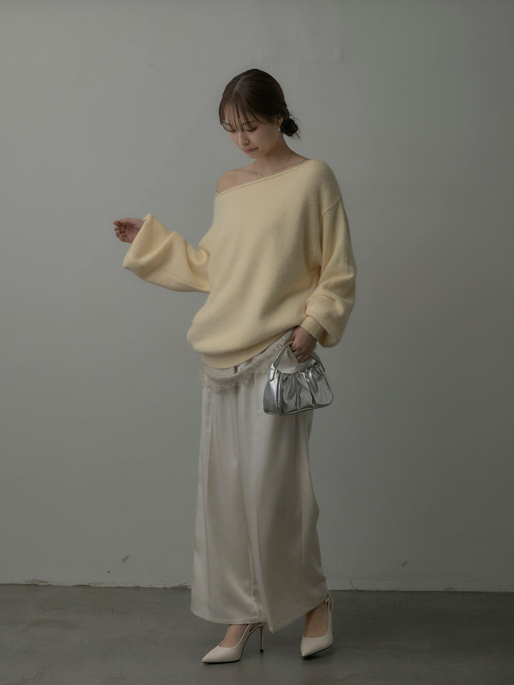 【SET】【premium touch】2wayショルダーニットプルオーバー+レースサテンキャミソール+【Essential】センタープレスサテンパンツ(3set)