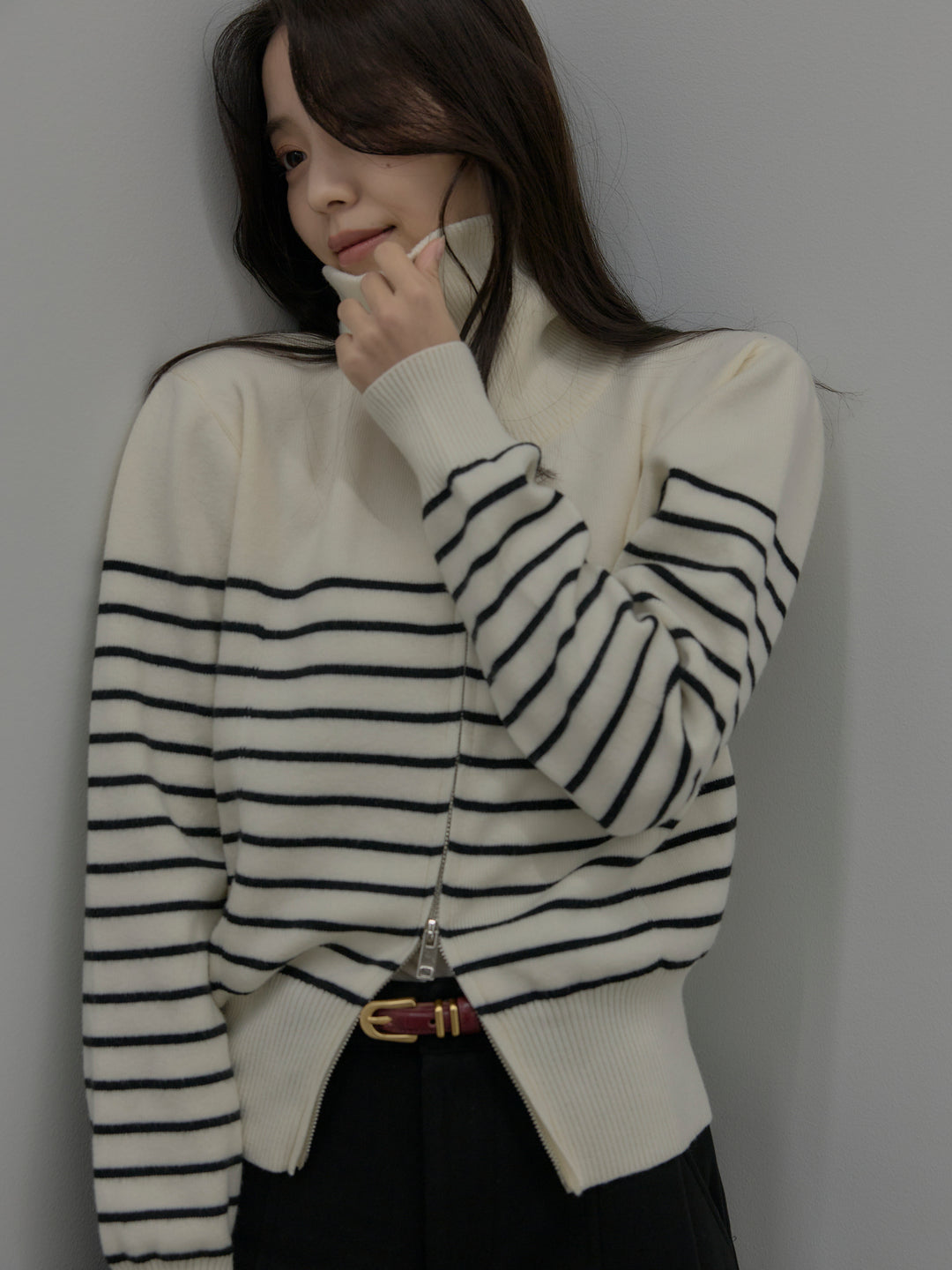 ダブルZIPハイネックボーダーニットトップス