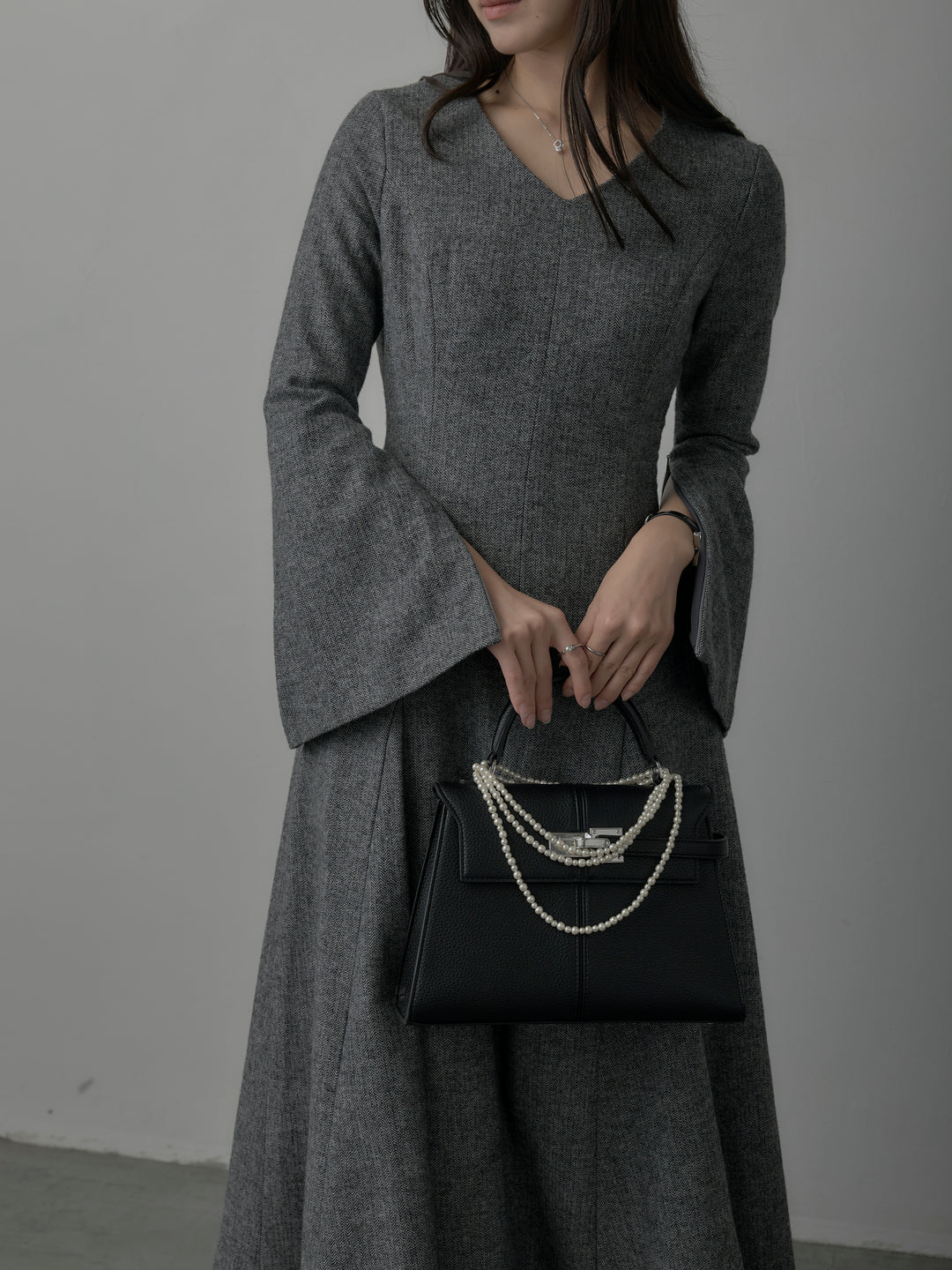 【Essential】2wayスリーブヘリンボーンフレアワンピース