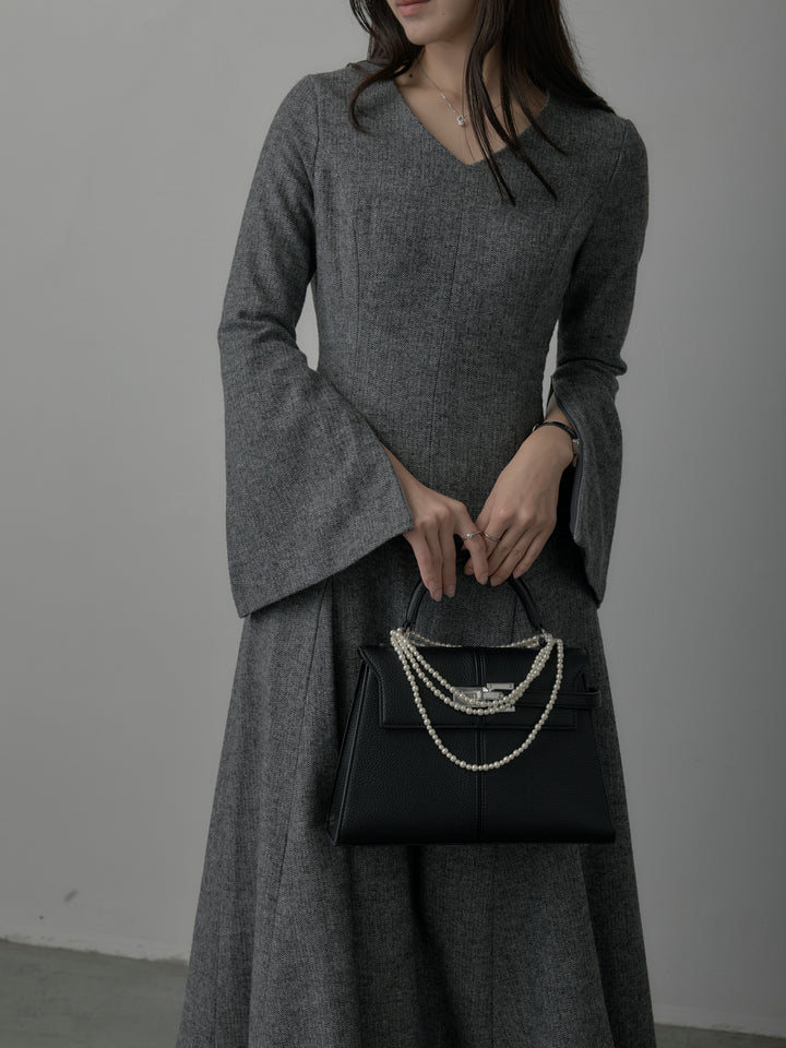 【Essential】2wayスリーブヘリンボーンフレアワンピース