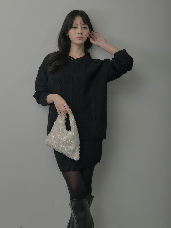 デザイン編みニットトップス&ミニスカート SET UP