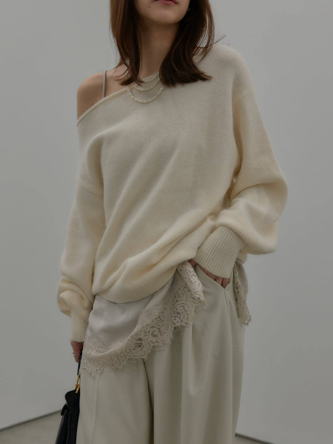 【SET】【premium touch】2wayショルダーニットプルオーバー+レースサテンキャミソール(2set)