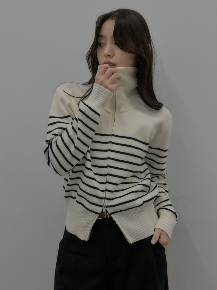 【SET】ダブルZIPハイネックボーダーニットトップス+裏起毛センターシームタックワイドパンツ(2set)