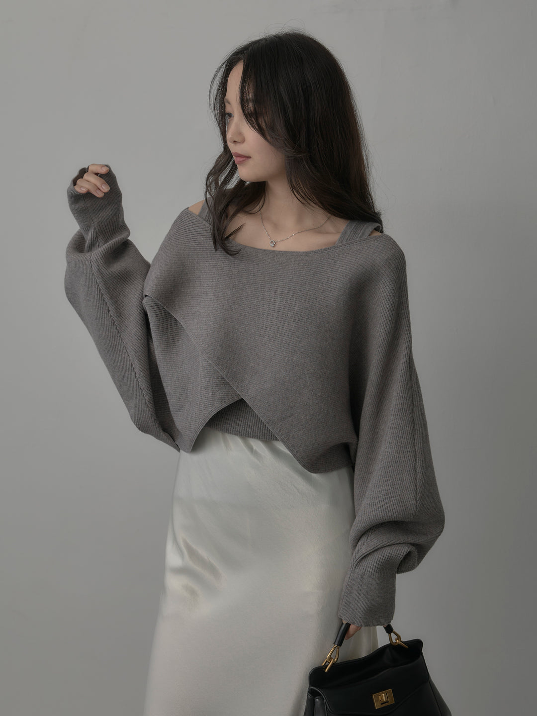 【SET】タンク付きクロスデザインニットプルオーバー+ナローAラインサテンスカート(2set)