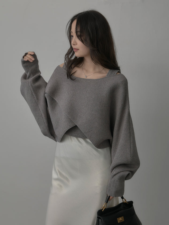 【SET】タンク付きクロスデザインニットプルオーバー+ナローAラインサテンスカート(2set)