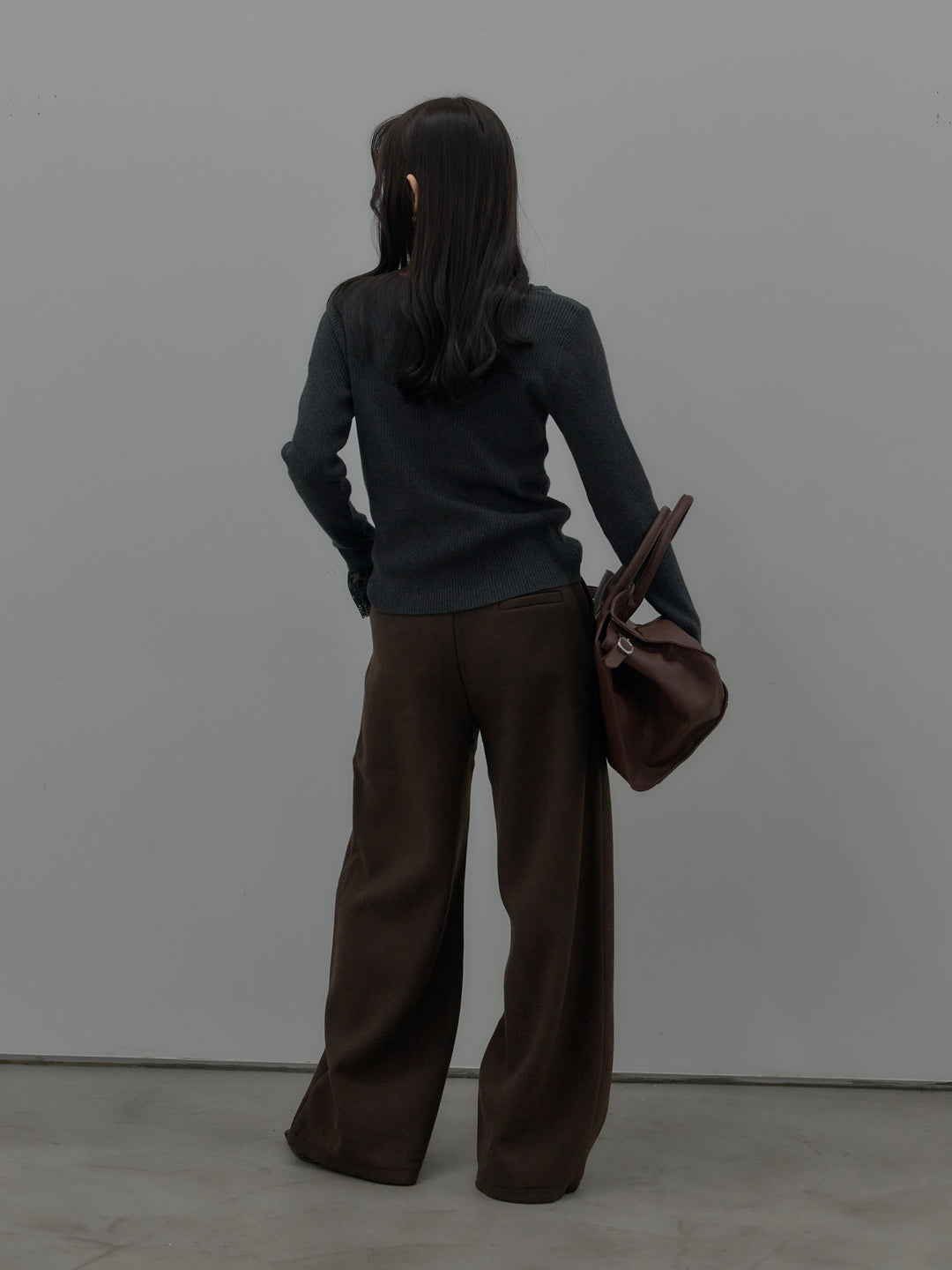 【SET】レースドッキングリブニットトップス+裏起毛デザインワイドパンツ(2set)