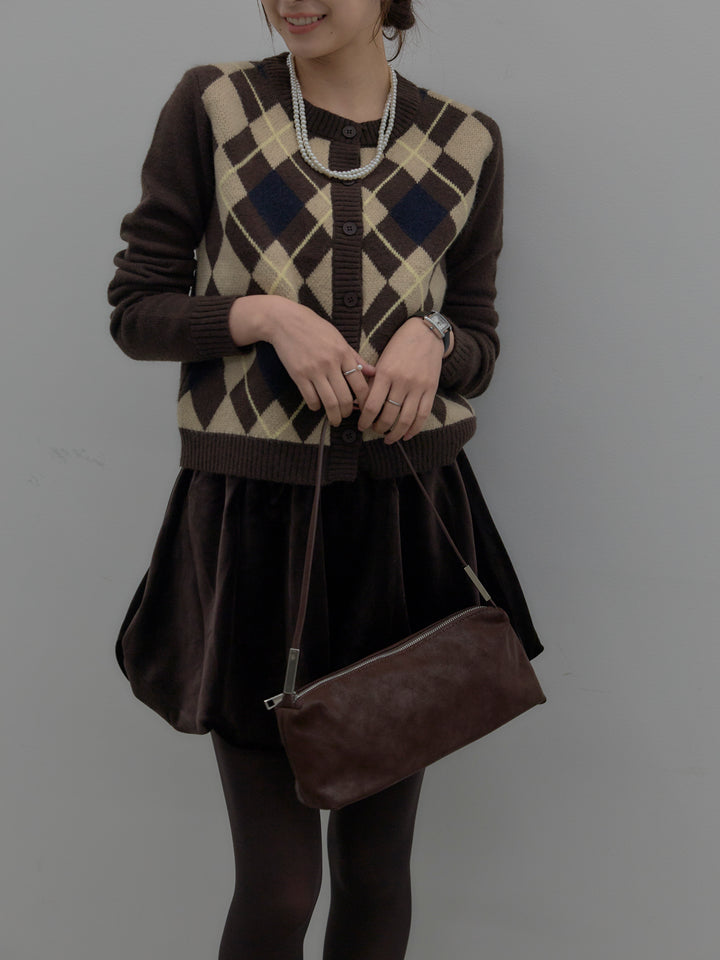 【SET】アーガイル柄コンパクトニットカーディガン+ベロアバルーンミニスカート(インパン付き)(2set)