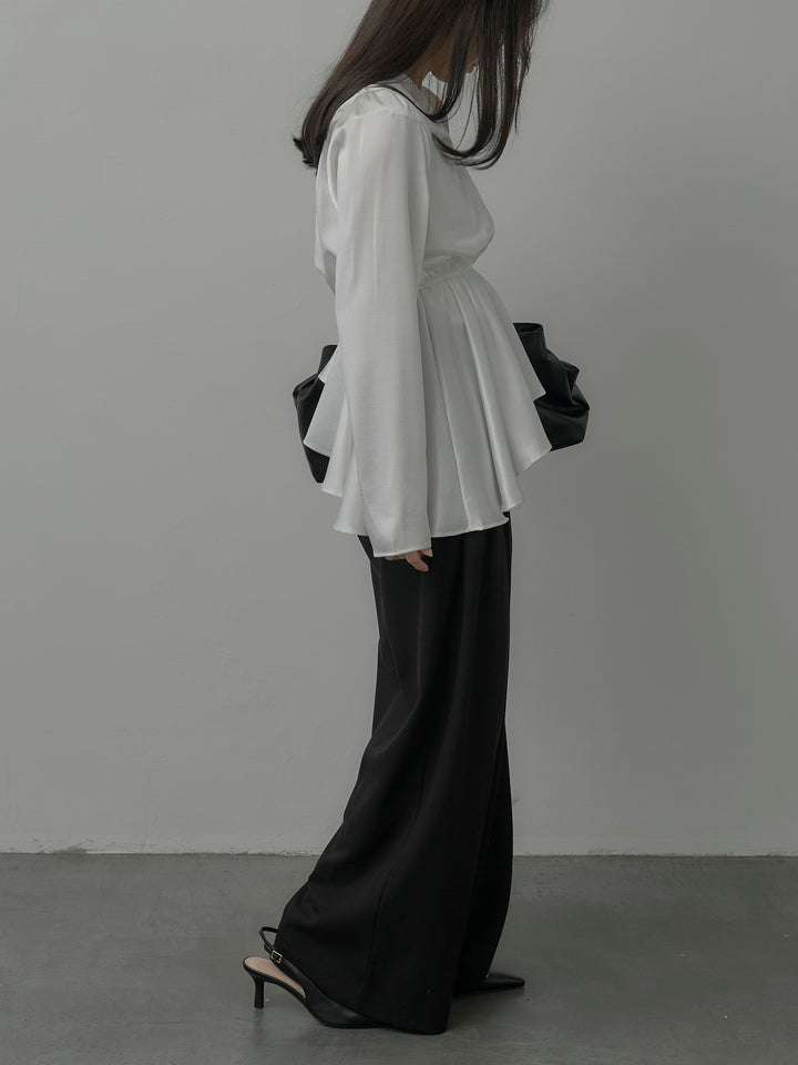 【SET】Vネックアシメサテンブラウス+【Essential】３タックスラックス(2set)