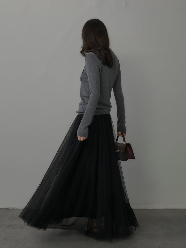 【SET】ポケットデザインリブニットトップス+ボリュームチュールスカート(2set)