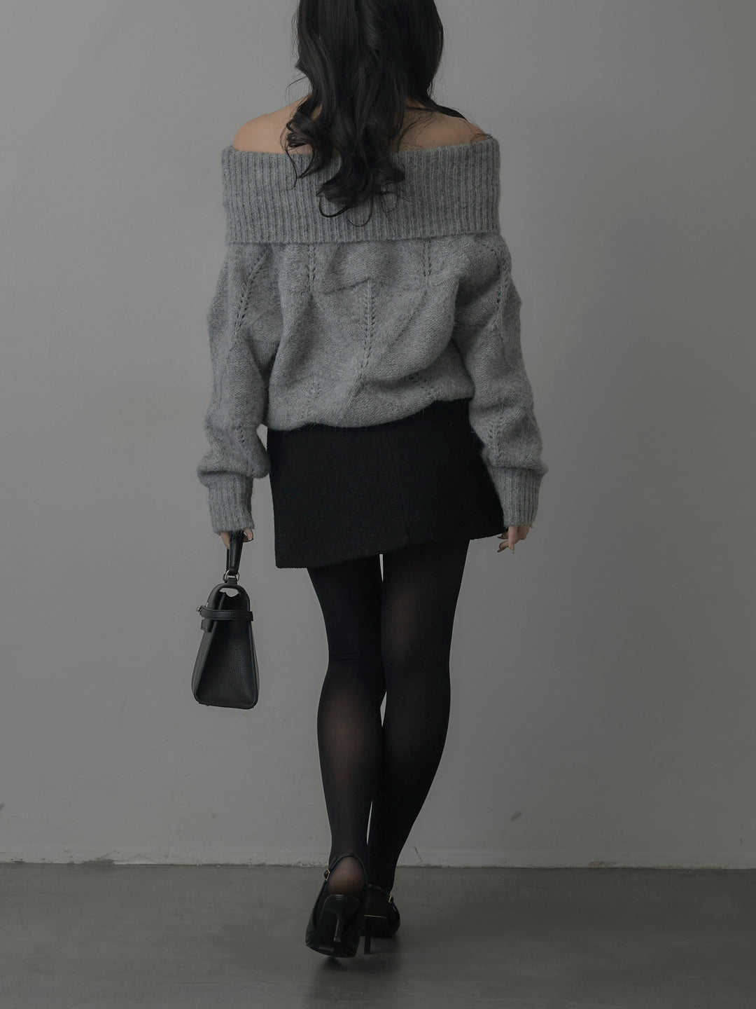 【SET】メランジニットオフショルトップス+ブークレ台形ミニスカート (2set)