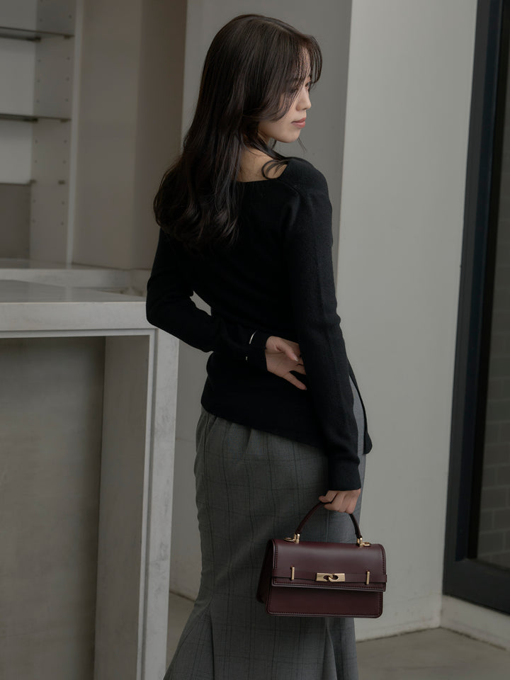 【SET】サイドスリットボートネックニットトップス+【Essential】チェック柄マーメイドスカート(2set)