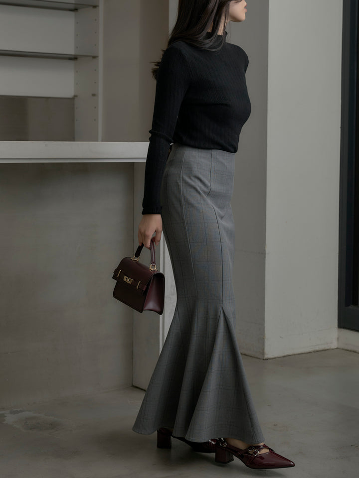 【SET】リブニットタートルネック+【Essential】チェック柄マーメイドスカート(2set)