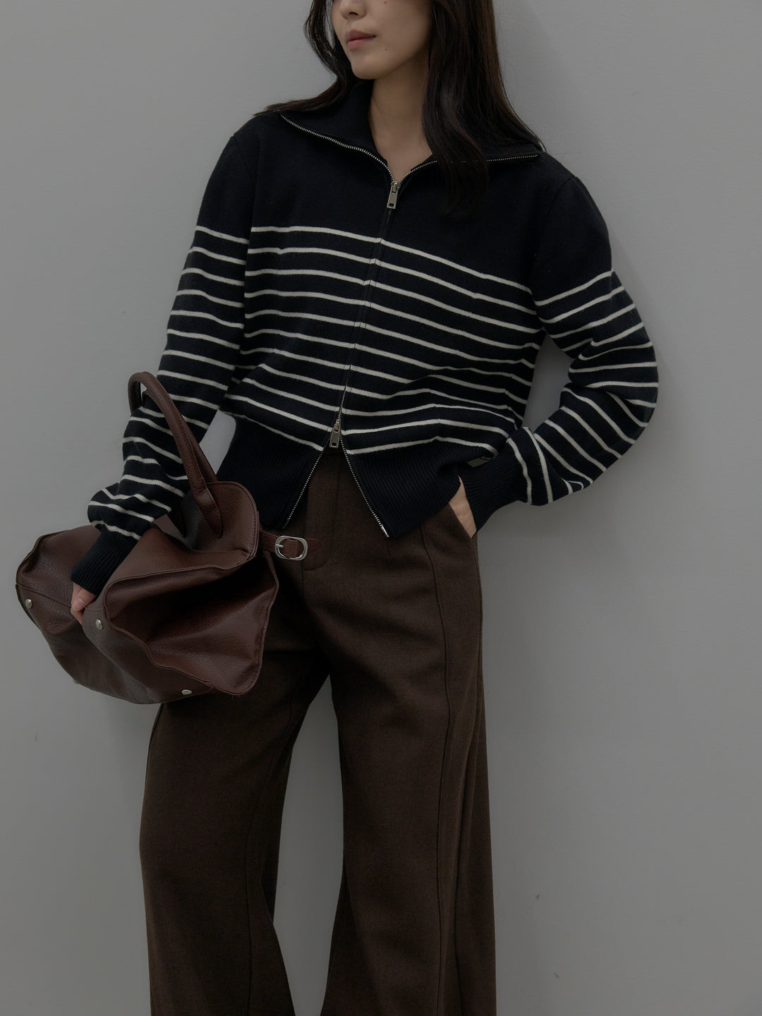 【SET】ダブルZIPハイネックボーダーニットトップス+裏起毛デザインワイドパンツ(2set)