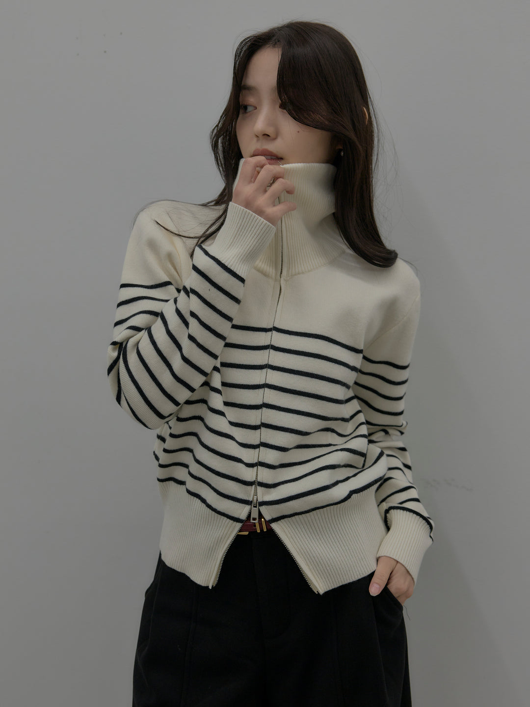 【SET】比翼仕立てサテンシャツ+裏起毛センターシームタックワイドパンツ(2set)