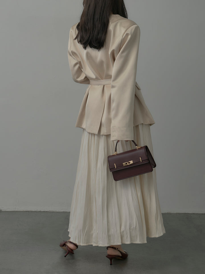 【SET】ノーカラーサテンジャケット+ベロアワッシャープリーツスカート(2set)