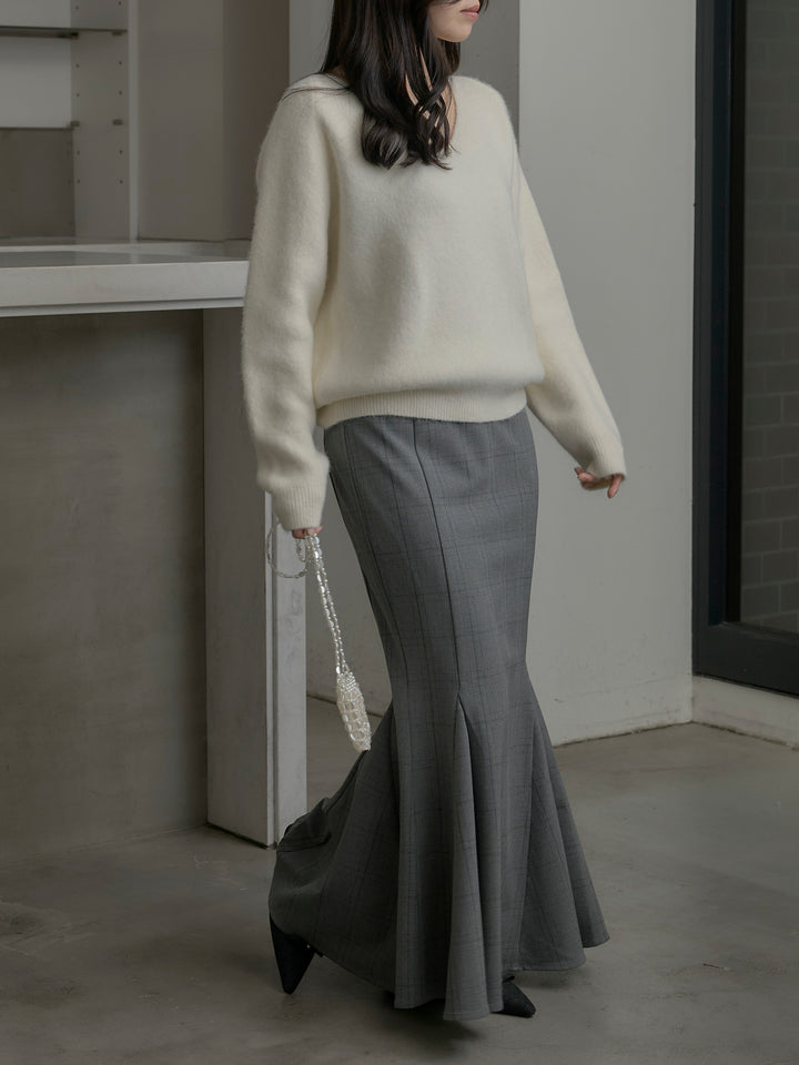 【SET】モヘアタッチVネックニットプルオーバー+【Essential】チェック柄マーメイドスカート(2set)