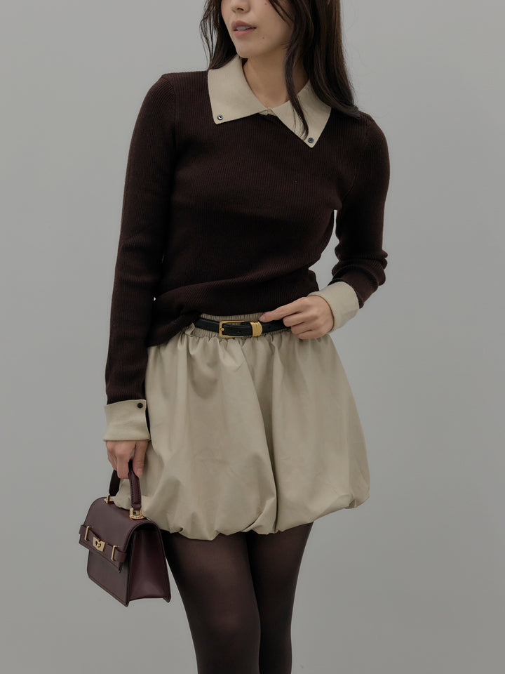 【SET】配色カフスニットポロ+ソフトレザーバルーンミニスカート(2set)