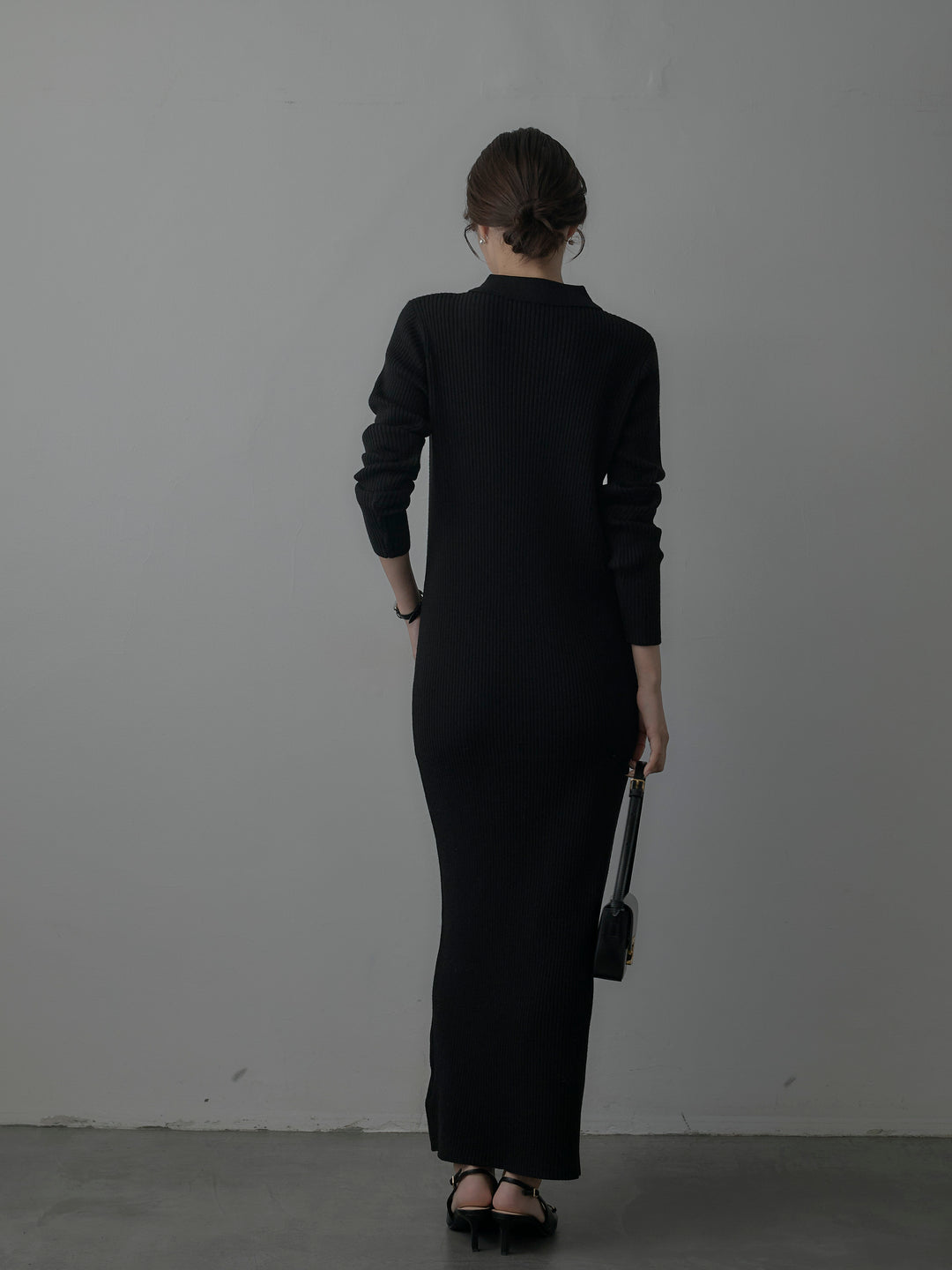 ポロ襟リブニットワンピース