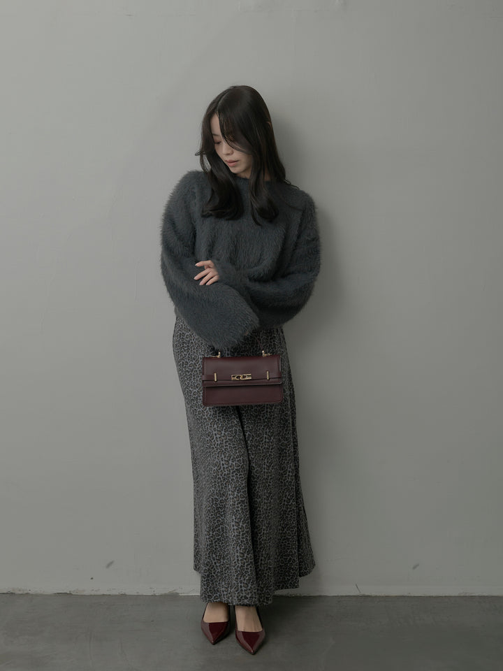 【SET】クロップドシャギーニットトップス+レオパードウールタッチフレアスカート(2set)