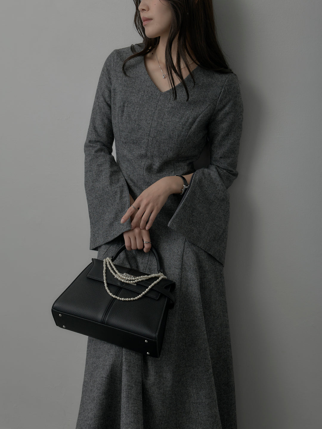 【Essential】2wayスリーブヘリンボーンフレアワンピース