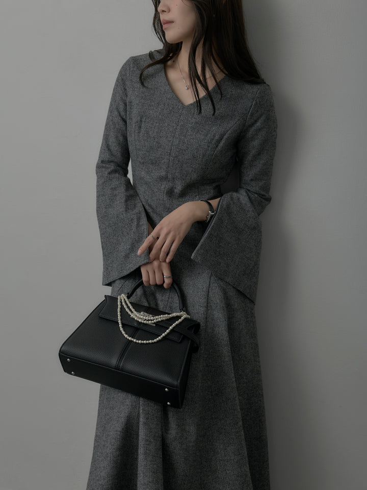 【Essential】2wayスリーブヘリンボーンフレアワンピース