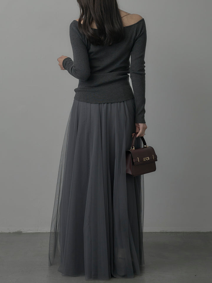 【SET】2wayリブニットポンチョトップス+ボリュームチュールスカート(2set)