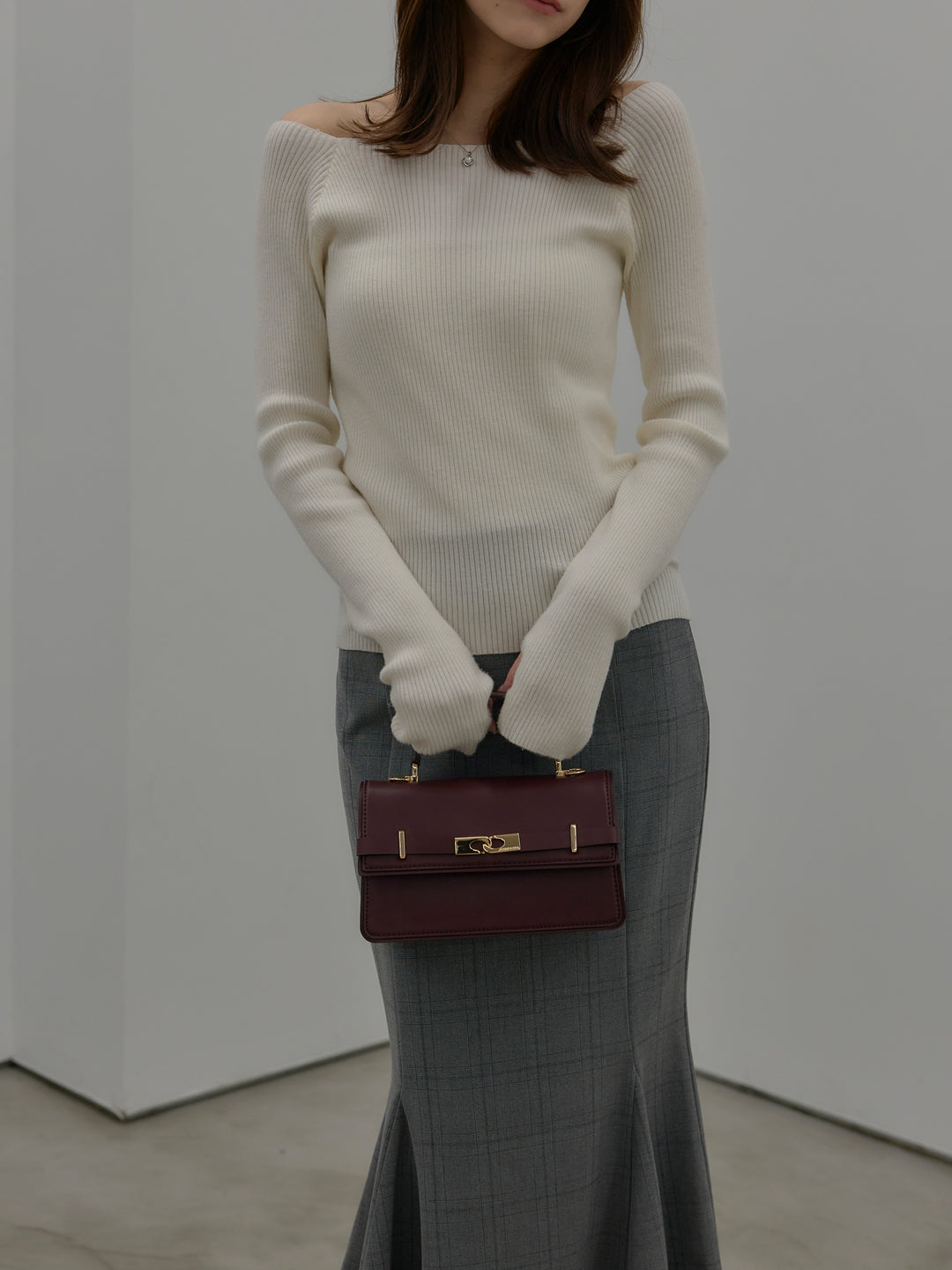 【SET】キルティングライナーウールミディアムコート+スクエアネックリブニット+【Essential】チェック柄マーメイドスカート(3set)