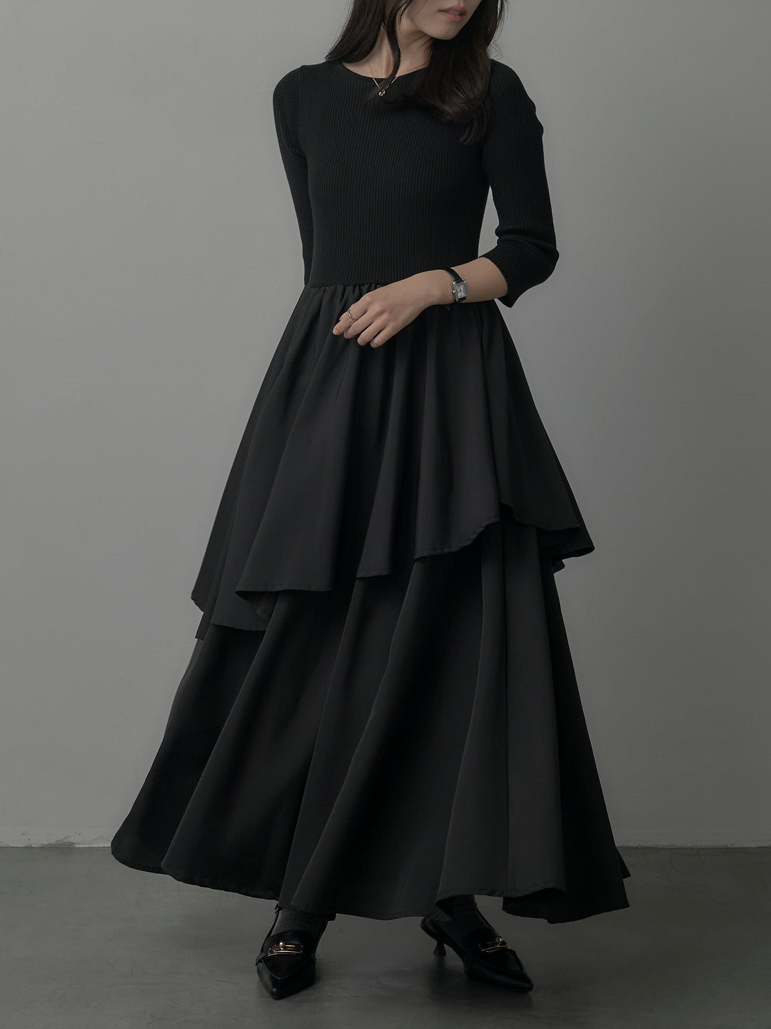 【Essential】7部袖リブドッキングワンピース