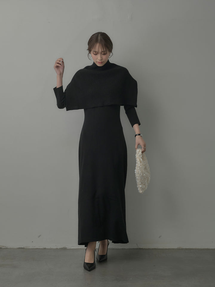 ケープ付きリブニットロングワンピース