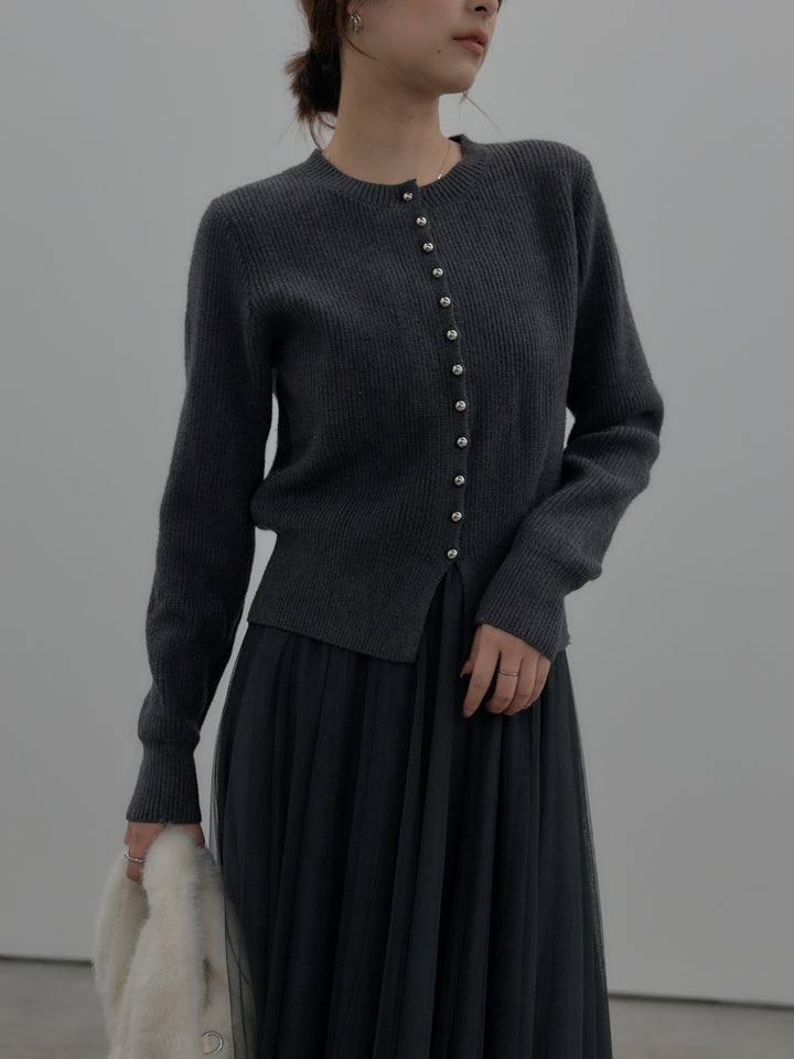 【SET】メタルボタンリブニットカーディガン+ボリュームチュールスカート(2set)