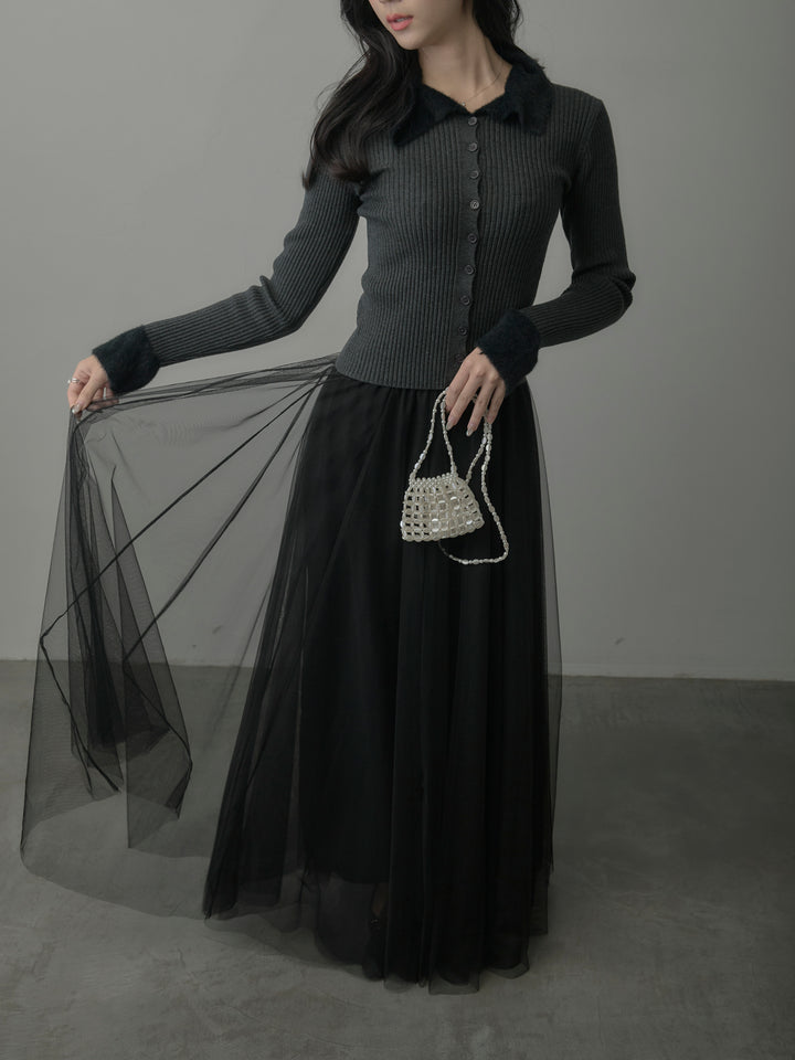 【SET】シャギー襟リブニットポロトップス+ボリュームチュールスカート(2set)