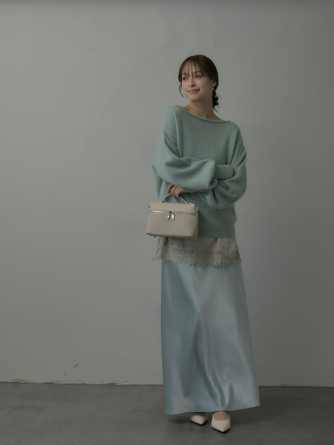 【SET】【premium touch】2wayショルダーニットプルオーバー+レースサテンキャミソール+ナローAラインサテンスカート(3set)