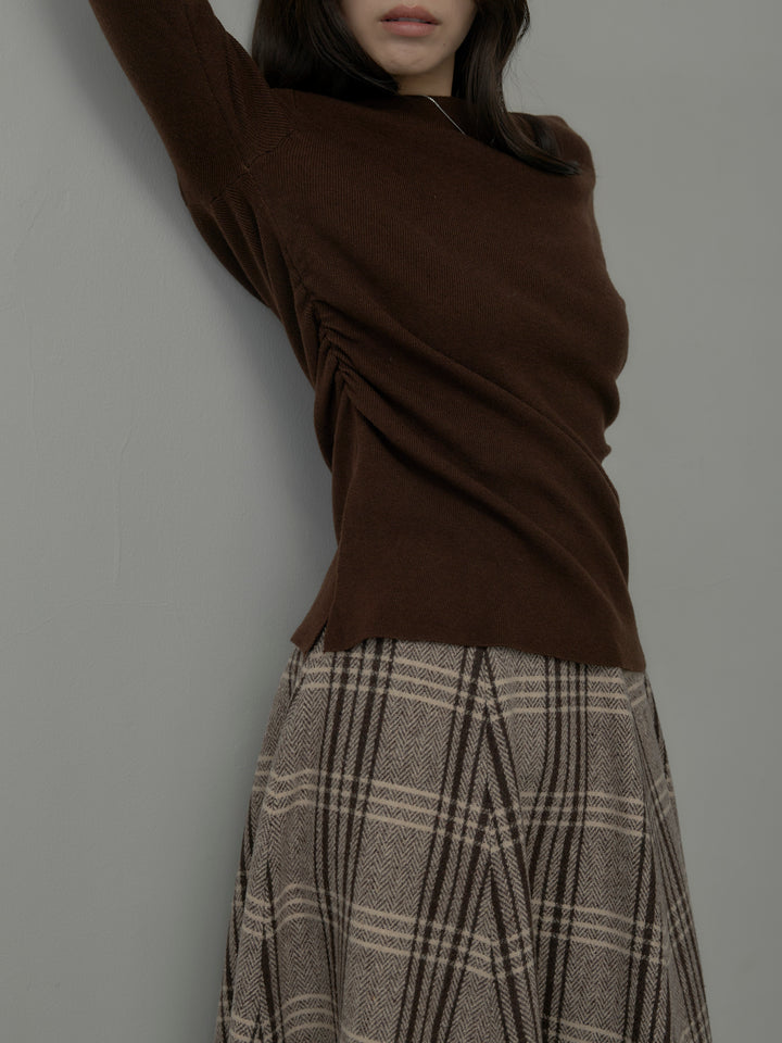 【SET】サイドスリットボートネックニットトップス+【Essential】クラシカルチェックウールタッチスカート(2set)