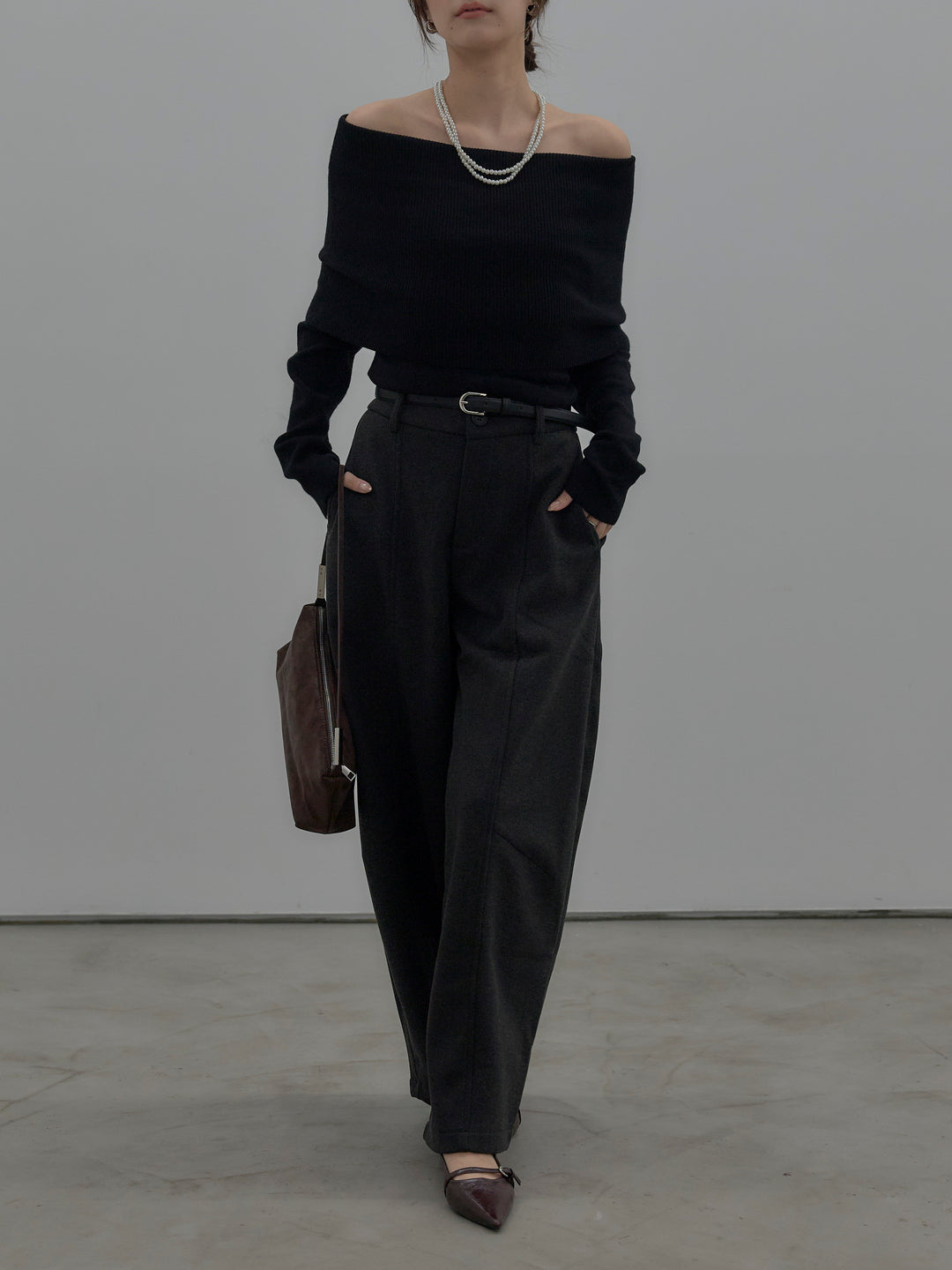 【SET】【premium touch】ソフトリブオフショルニットトップス+カーブデザインスウェットライクパンツ(2set)